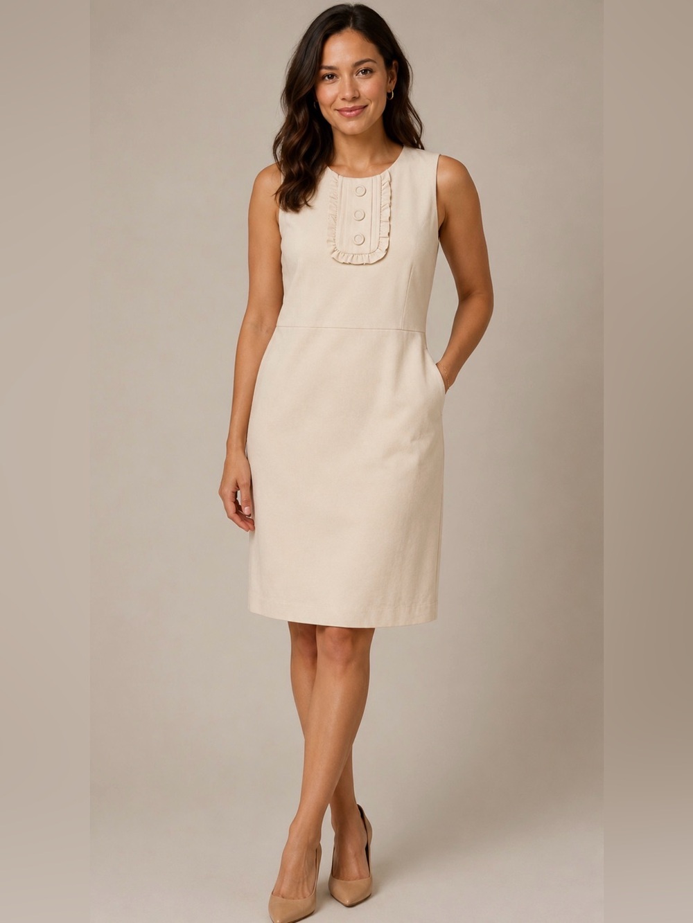 Banana Republic Ivory Sheath Dress Ruffle Button Bib Pockets Size 4